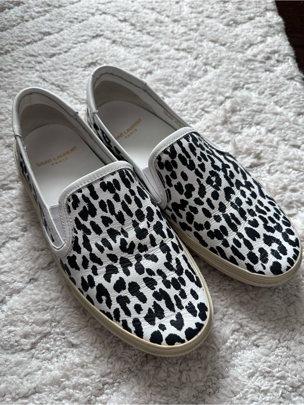 Saint Laurent White and Black Leopard Slip-On Sneakers